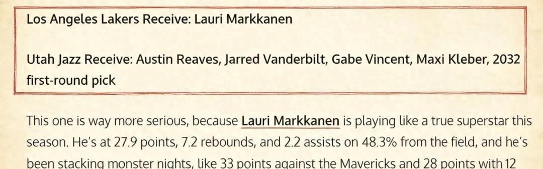 开云官网首页-5换1交易方案出炉，场均28+7前锋加盟湖人，驰援詹姆斯？